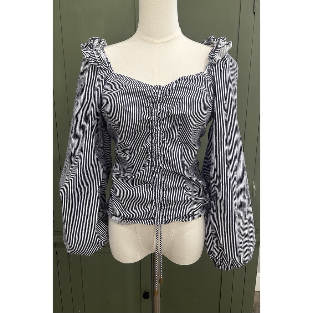 Bishop Young Pinstripe Peasant Top Size S Puff Sleeve Oversized Coastal Cottage